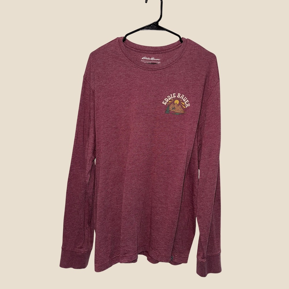 Eddie Bauer Mens XL Long Sleeve Graphic T-Shirt Burgundy Mountain Nature Print